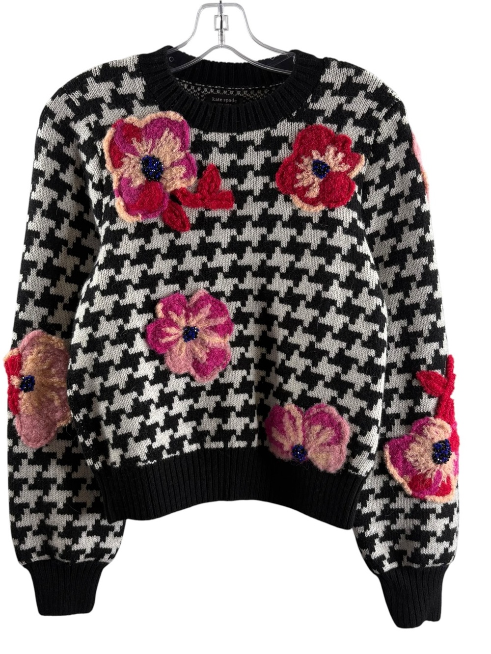KATE SPADE Mainline Black White Houndstooth Pop Sweater Pink Floral NWT $498